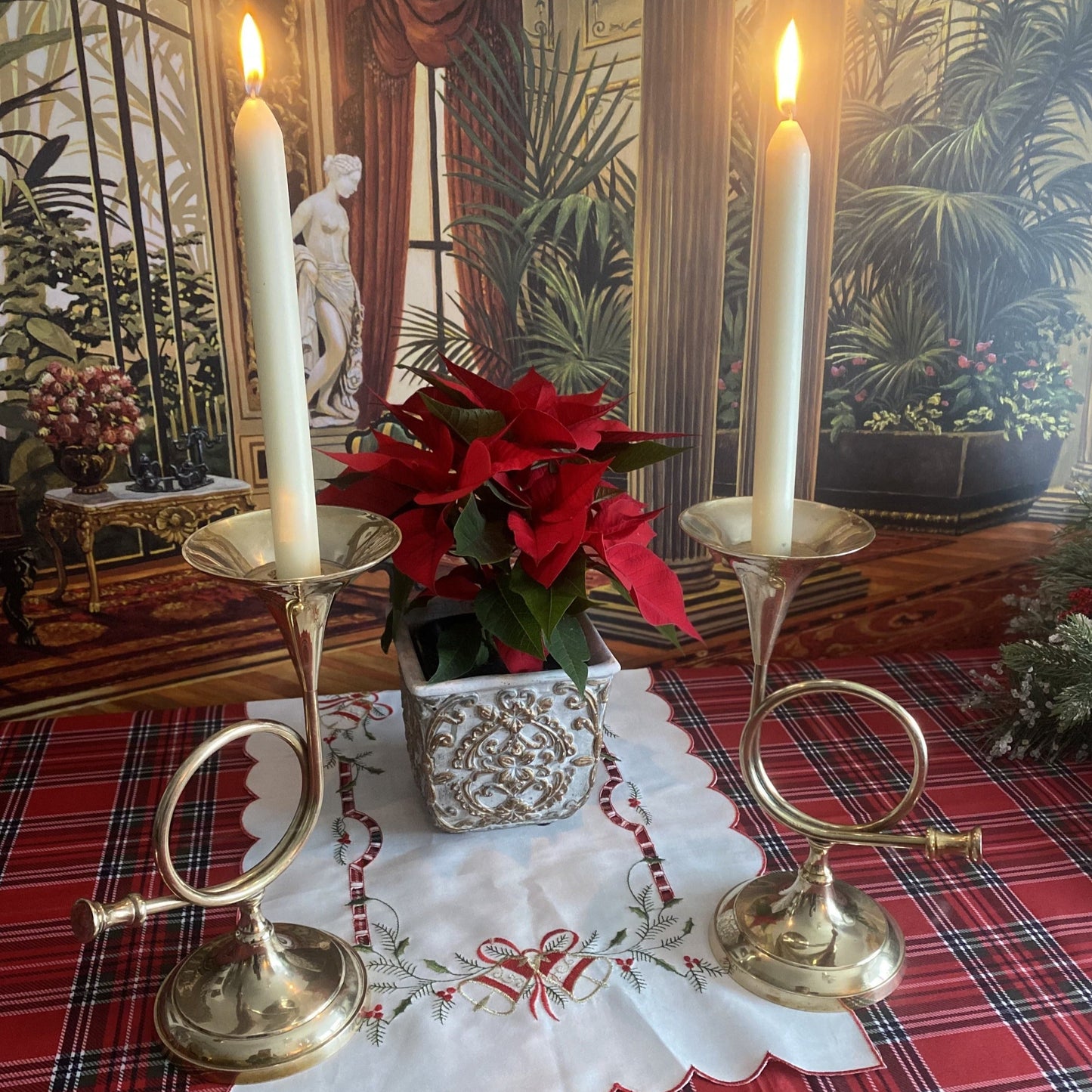 Vintage Brass French Horn Trumpets Candle Holders