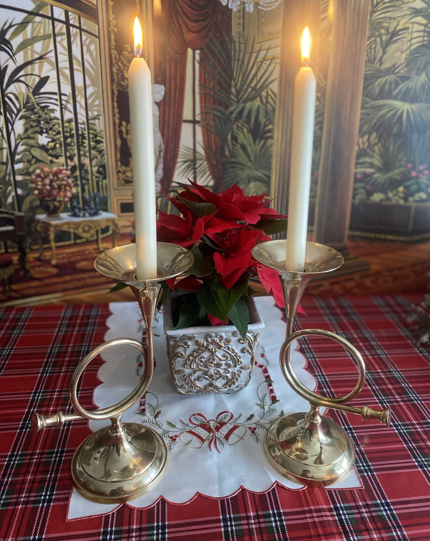 Vintage Brass French Horn Trumpets Candle Holders