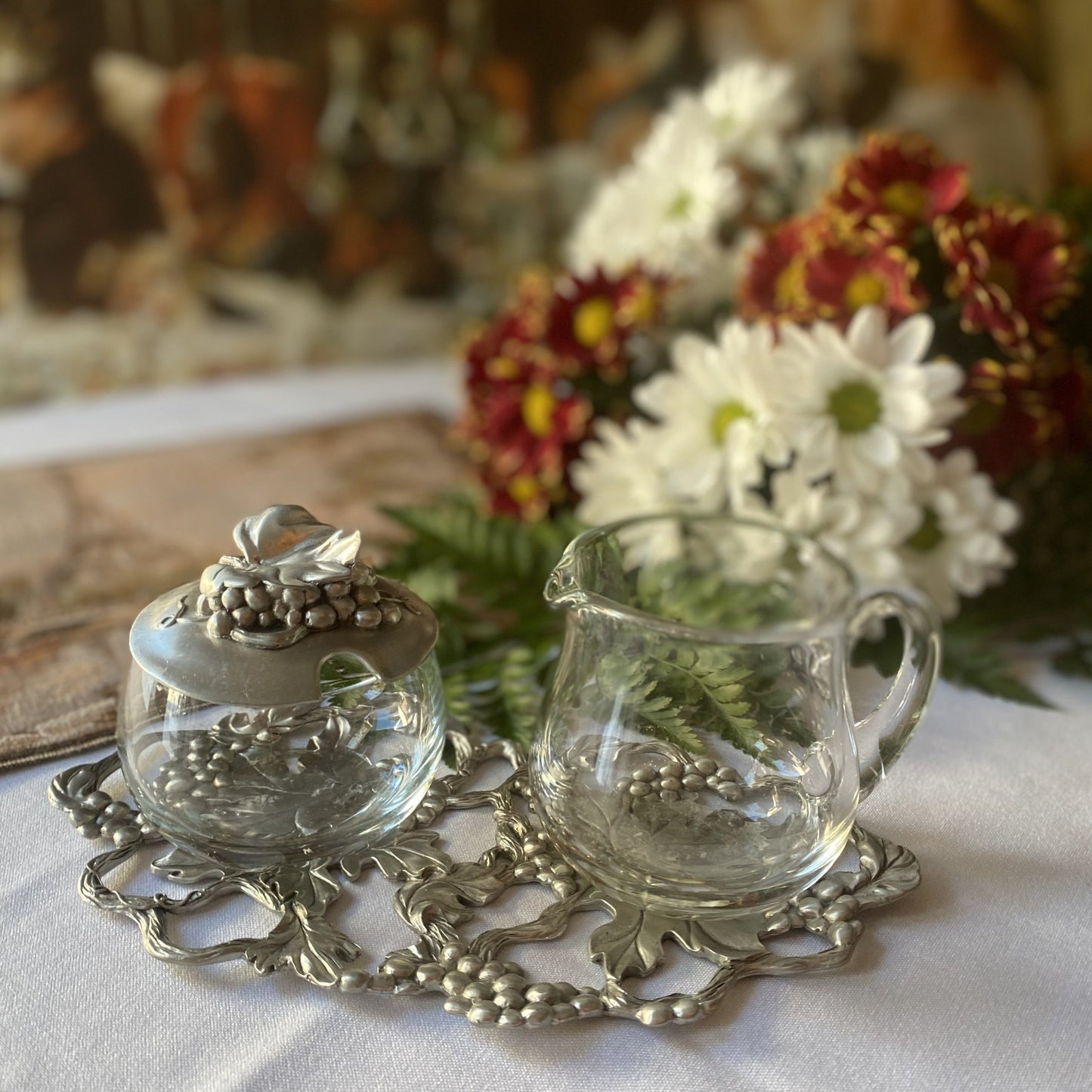 Seagull Pewter and Glass Sugar Bowl & creamer with support